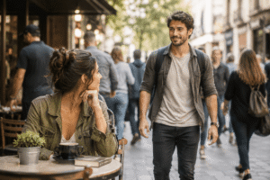 Una atractiva joven está sentada en una mesa de un bistró, con un café y un libro delante. Un hombre se acerca y sus miradas se cruzan. No necesitas decidir inmediatamente si se trata de una señal del universo. Primero observa qué ocurre realmente contigo y qué cambia a partir de ese encuentro.