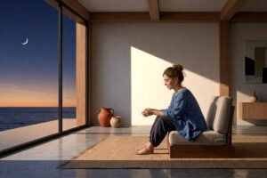 Una mujer absorta en sí misma contempla pensativa el cielo previo al amanecer a través de un gran ventanal. Aprende a pausar antes de reaccionar: descubre claves prácticas para gestionar la irritabilidad a inicio de semana y calmar tu mente hoy con Astrosuerte.