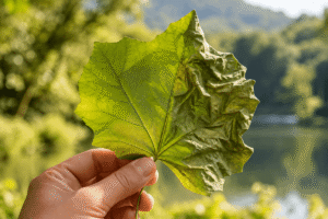 Una mano sostiene una hoja grande de árbol. El lado derecho está ligeramente arrugado, mientras que el resto de la hoja es naturalmente liso. La imagen simboliza tanto una inquietud interior como claridad. Tu mentalidad cambia la manera en que ves las oportunidades. La suerte puede formar parte de una historia, pero difícilmente explica toda la historia.