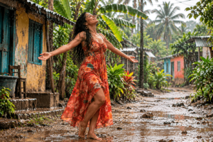 Una latina bajo la lluvia tropical en un entorno rural caribeño que, a pesar de la lluvia, no ha perdido su alegría de vivir. Descubre cómo las lluvias del Caribe renuevan tu energía personal y claridad mental a través de un enfoque psicológico y reflexivo de autoconocimiento.
