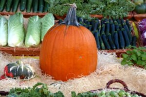 Una calabaza grande y majestuosa de color naranja intenso sobre virutas de madera; a su izquierda, una calabaza pequeña y verde con dibujos blancos. Al fondo, diversas hortalizas en cestas de mimbre. Descubre cómo el color naranja simboliza motivación, acción y alegría, y úsalo como impulso para avanzar, crear y reconectar contigo.